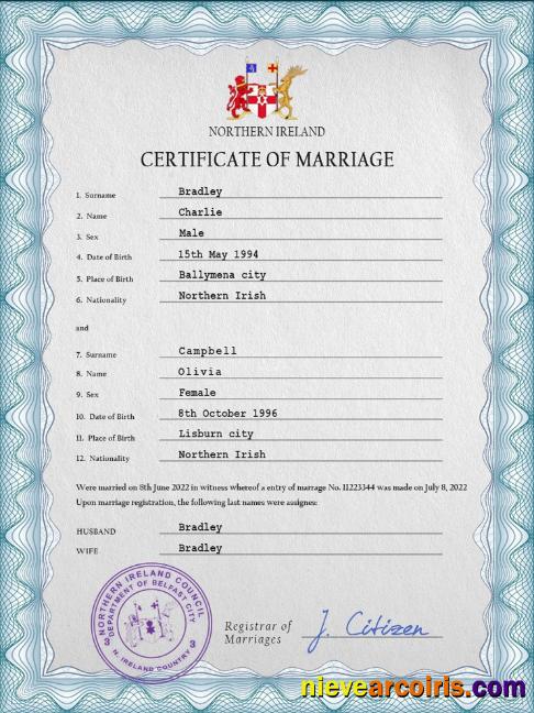 Northern Ireland marriage certificate